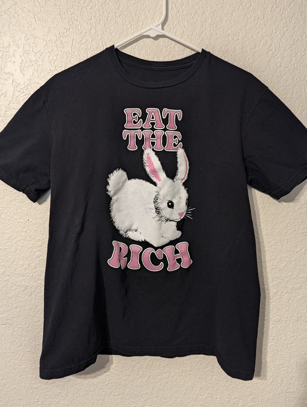 EAT THE RICH Attic Salt Black & Pink Bunny T-shirt, Size M